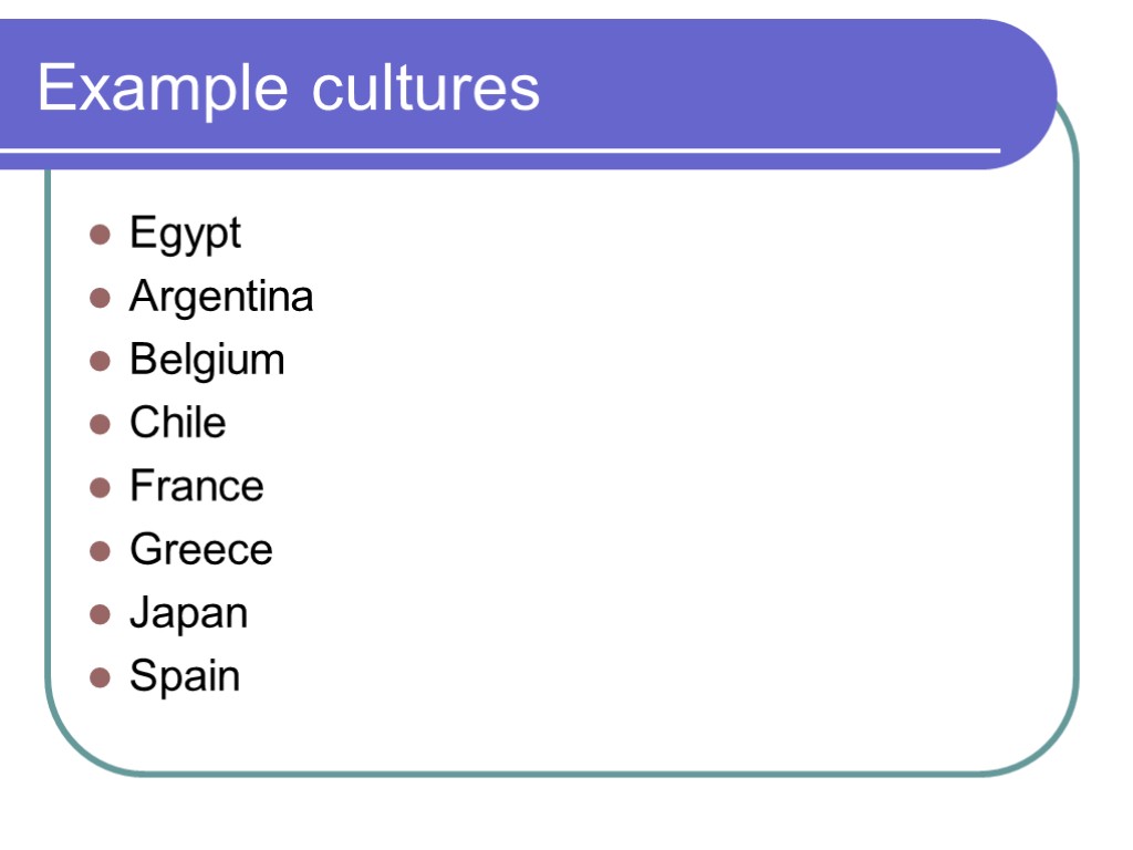 Example cultures Egypt Argentina Belgium Chile France Greece Japan Spain